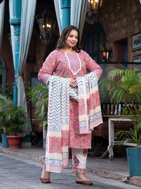 Women Plus Size Peach Pure Cotton Kurta Set With Dupatta
